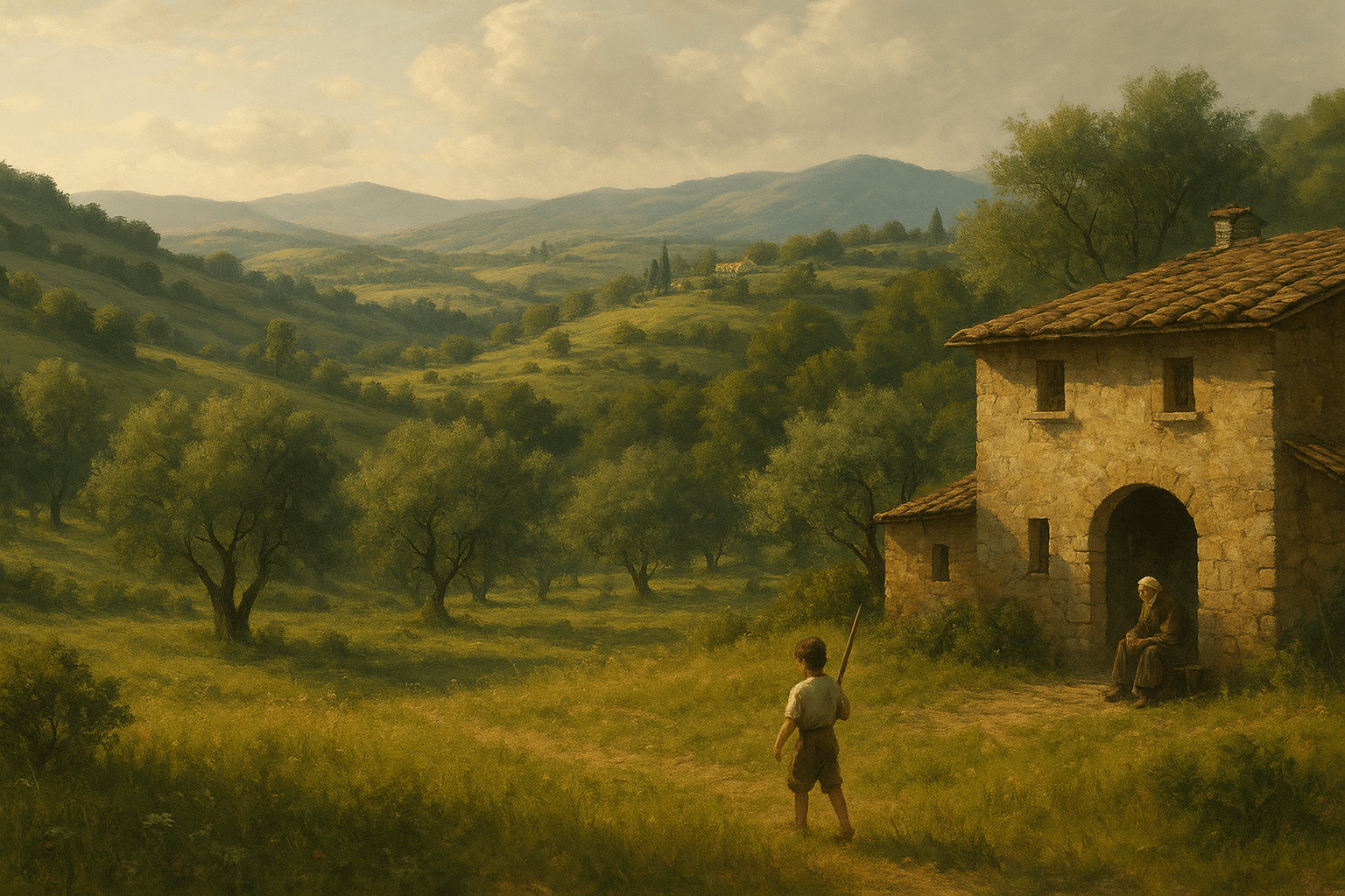 Young boy with wooden spear in an olive grove, old italian tailor watching nearby - boyhood in Renaissance Italy